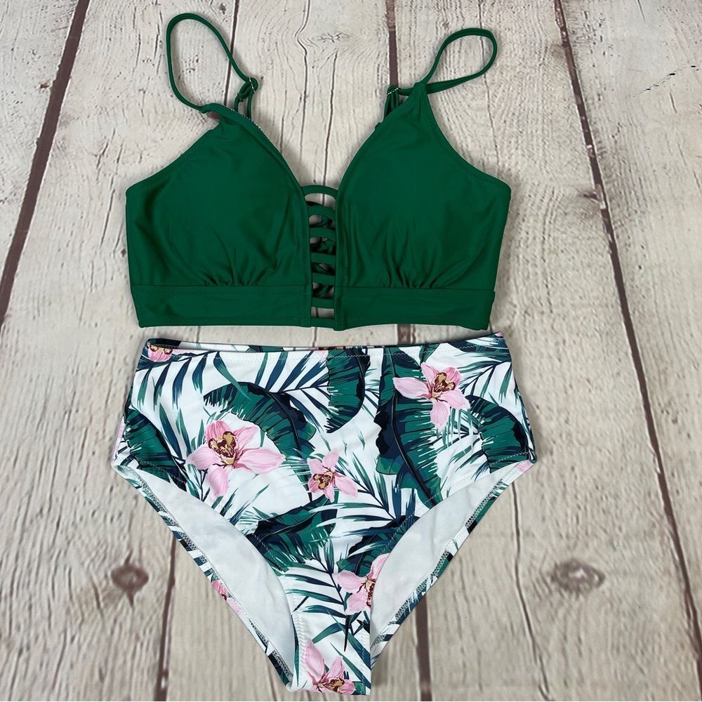 TEMPTME green floral lace up high waisted 2-piece swimsuit bikini NEW, size M - Picture 2 of 15